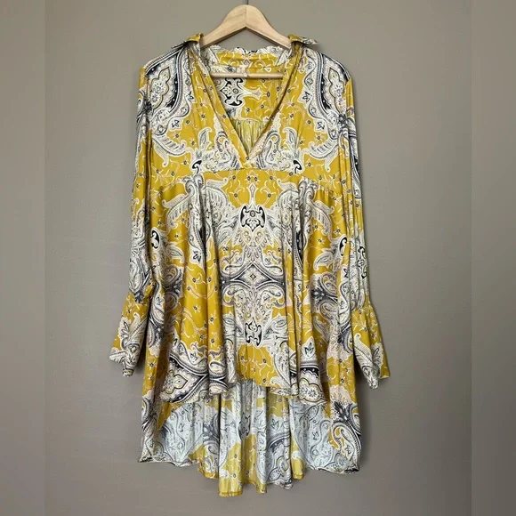 {Free People} Field of Butterflies Swing Tunic Top with Long Sleeves in Gold - Picture 2 of 11